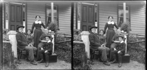 Campbell family in front of their house, Cannibal Bay, Catlins, Otago