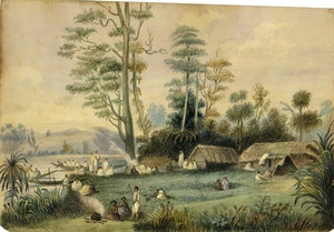 [Angas, George French] 1822-1886 :On the Waikato at Kopou. Travelling party with their canoes halting to cook their midday meal. 30 Sept. 1844