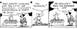 Fletcher, David, 1952- :That expert looking into the city's air pollution...I couldn't understand a word he said! Too technical? He wouldn't take his gasmask off. The Dominion Post, 5 July 2004.
