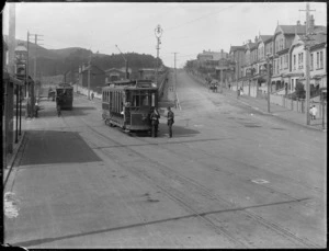 Trams at the intersection of Mansfield Street and Russell Terrace, Newtown