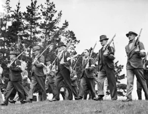 Men of the New Zealand Home Guard, Christchurch South Battalion, marching.