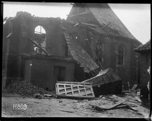 The exterior of a church deliberately shelled by heavy artillery during World War I