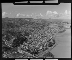 Thames, Thames - Coromandel District, showing houses , factories, and a memorial obelisk on hill