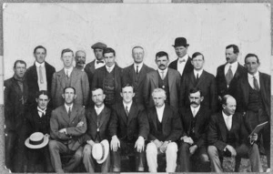 Arthur Tyndall (1891-1979, later Sir), front centre, with the construction staff of Featherston Military Camp