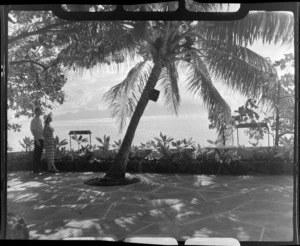 Unidentified couple at Tropique Hotel, Tahiti, standing near a palm tree looking out to the lagoon