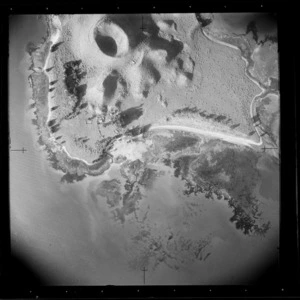 View of Browns Island within the Hauraki Gulf, Auckland City, showing close-up aerial view of Browns Bay with residential buildings, farmland and beach with wharf and safe boat mooring area