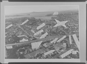 Newmarket, Auckland, showing the Newmarket Viaduct, with typewritten labels [related to motor vehicle dealers?]