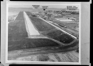 View of Mangere Aerodrome under construction, Manukau, Auckland, with overlaid diagram by an unidentified designer, indicating layout of hangars, control tower, workshops, and other structures