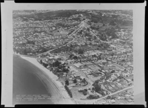 View of Browns Bay, East Coast Bays, Auckland, with an overlaid architectural drawing and label 'East Coast Bays Borough Council Civic and Cultural Centre, Browns Bay, Bruce Henderson and Wheeler, Architects, Job No.67/1, Sheet No. 1'