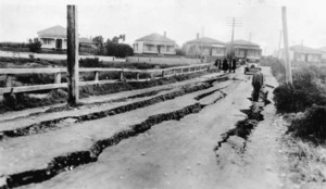 Cracks in a road in Greymouth, after the 1929 Murchison earthquake