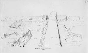Heaphy, Charles 1820-1881 :[Notes and sketches of Maori fortifications, 1839-1863] Earthworks at Rangiriri, Waikato, 1863.