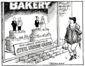 Tremain, Garrick 1941- :This week's specials...Civil Union cakes. Otago Daily Times, 22 June 2004.