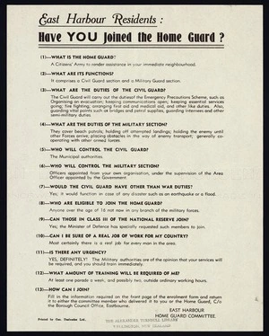 East Harbour Home Guard Committee: East Harbour residents, have YOU joined the Home Guard? Printed by Geo Deslandes Ltd [ca 1940?]