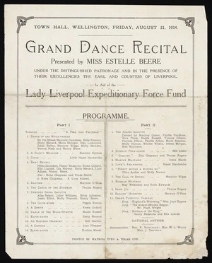 Grand dance recital presented by Miss Estelle Beere. Town Hall Wellington, Friday August 21, 1914. Programme. Printed by Watkins, Tyer & Tolan Ltd [1914]
