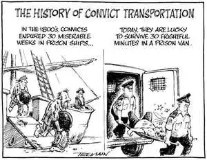 The history of convict transportation. In the 1800s convicts endured 30 miserable weeks in prison ships... Today they are lucky to survive 30 frightful minutes in a prison van. 18 April, 2007