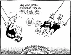 Tremain, Garrick 1941- :Next swing, we do a somersault, then you catch us and take us on board...okay? We'll see! Otago Daily Times, 9 June 2004.