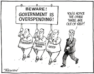 Beware! Government is overspending! Treasury. Reserve Bank. OECD. "You'll notice the other three are out of step!" 2 December, 2005.