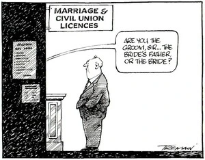 Tremain, Garrick 1941- :Are you the groom, sir...the bride's father or the bride? Otago Daily Times, 24 June 2004.