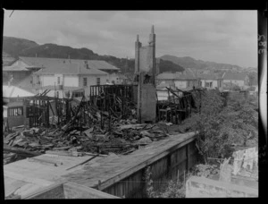 Burnt out wreckage following the Education Department Building fire, Buckle Street, Wellington