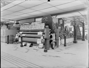 Industrial exhibition, The Mephan Ferguson Steel Pipe Companys of New Zealand Ltd stall, alongside Wanganui souvenir stall