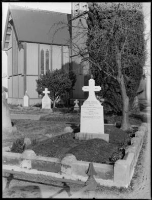 Exterior view of St Paul's Anglican church and graveyard, Papanui, Christchurch, with grave of George and Louisa Dunnage in foreground