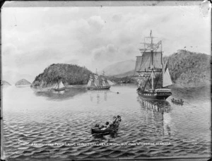 Painting by David Ogilvie Robertson, depicting the arrival of the Philip Laing at Port Chalmers 15 April 1848, with the John Wickliffe at anchor - Photograph taken by David Alexander De Maus