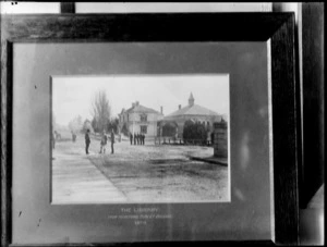 Framed photograph of Christchurch Library from Hereford Street bridge in 1879