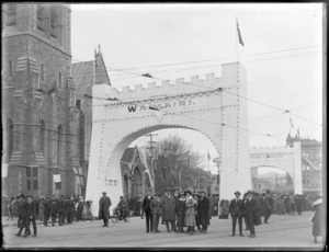 Cathedral Square, Christchurch, showing arches reading Waimari, and Heathcote & Woolston