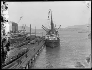 Ship Navua, Lyttelton harbour, including wharf and another large ship