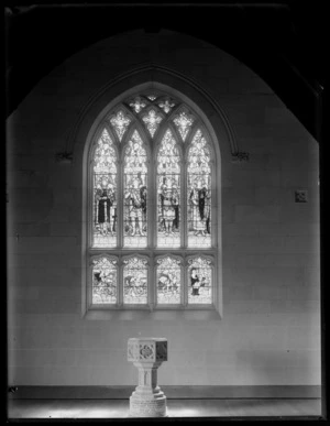 St Barnabas' Anglican Church, Fendalton, Christchurch, showing font and stained glass window
