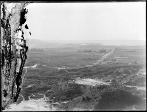 A view of Rotorua, Bay of Plenty, showing the hot pools in the foreground and Lake Rotorua in the background