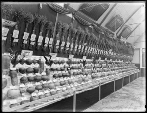 Display stand of different varieties of turnips and oats from field experiments, with three boards on the wall above showing value of ten years exports for lamb and wool, possibly for a trade show
