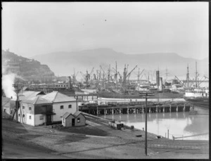 Lyttelton wharves, Canterbury, showing harbour, ships, railway carriages and buildings