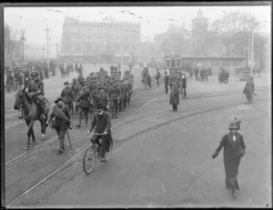 World War I soldiers marching through Cathedral Square, Christchurch