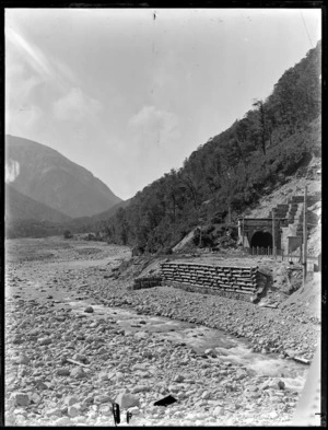 Otira Tunnel, Arthur's Pass, Canterbury, with the Otira River in the foreground
