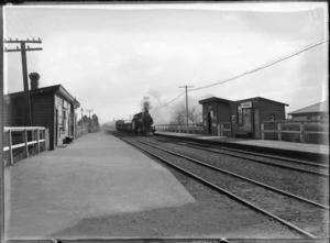 Opawa Railway Station, Christchurch, showing a steamtrain pulling up to station