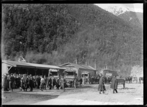 Scene at Arthur's Pass, Selwyn District, Canterbury, showing area around railway station with crowds and horse-drawn carriages
