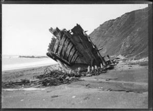 A shipwreck lying on an unidentified beach, possibly Christchurch