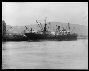 Wellington wharves, shows sailing ship docked at wharf