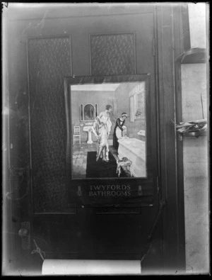 Poster, illustrated by Bert Wilson and advertising Twyfords Bathrooms, pinned to a door at an unidentified location, probably in Christchurch region