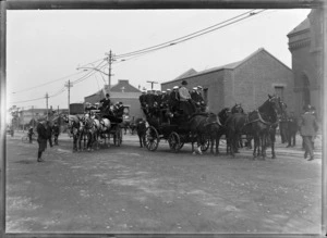 French naval officers from warship 'Kersaint', travelling in a horse-drawn carriage, Moorhouse Avenue, Christchurch