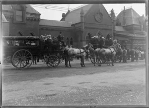 French sailors from warship 'Kersaint' in horse-drawn carriages, outside Christchurch Railway Station