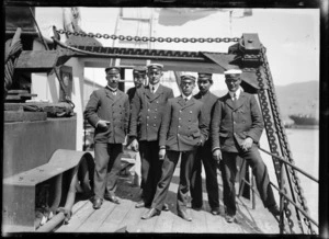 British Royal Navy officers aboard the ship 'Nimrod', possibly taken in Lyttelton, Christchurch, before the British Antarctic Expedition
