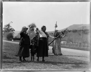 Little River, Wairewa County, Canterbury, showing Maori women and child; women waving branches