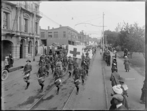 Brass band and Red Cross nurses in the parade procession through the streets of Christchurch, World War One