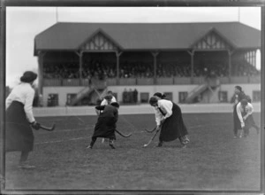 Women's hockey, women competing in a hockey match, possibly Christchurch region