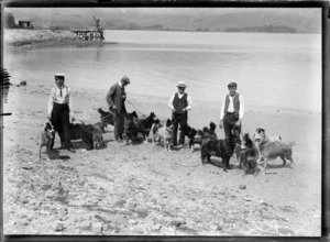 Men and sled dogs on an unidentified beach during the Antarctic Expeditions