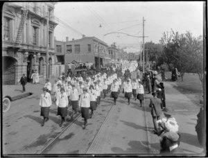 Red Cross nurses in a parade procession through the streets of Christchurch