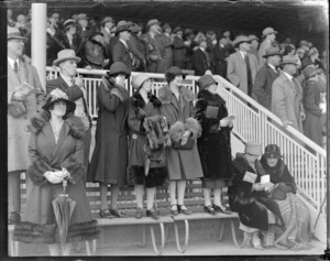 Horse racing, crowds of people watching the horse races from the grandstand, featuring four women standing on a couple of wooden benches in the foreground