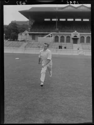 Cricketer Bob Blair demonstrating his bowling skills, Basin Reserve, Wellington